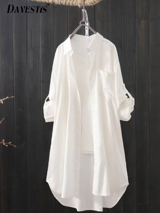 White Shirt Women 2023 Spring Summer Korean Fashion Simple Solid Color Long Shirts Lady Loose Breathable Midi Shirt and Blouse