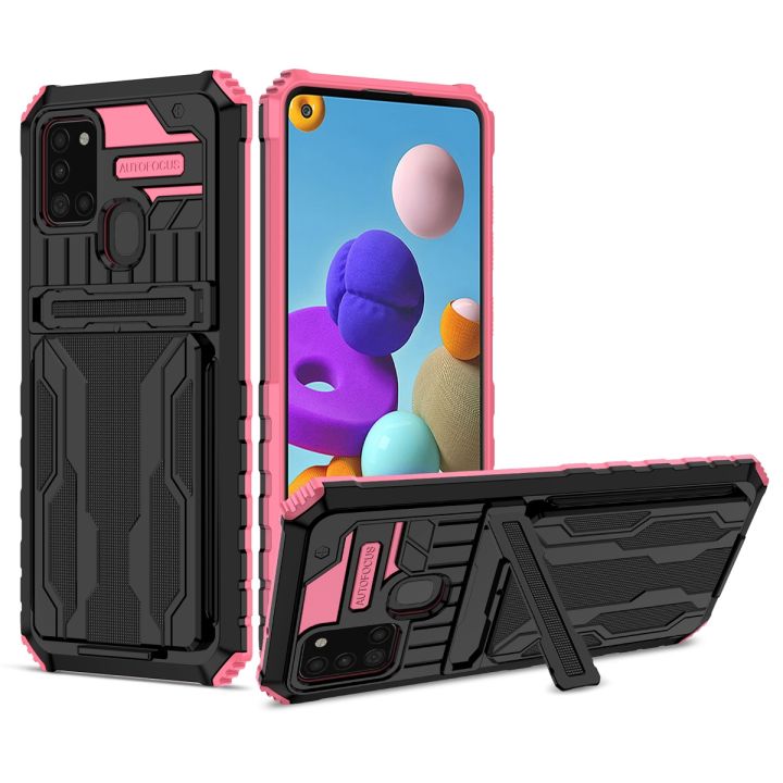 For Samsung Galaxy A21s Three-in-one Multifunctional Hidden Credit Card Slot Bracket Protective Case