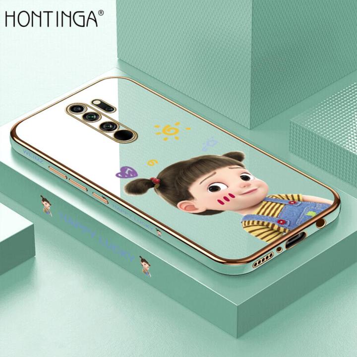 Hontinga for Redmi Note 8 Pro Back Cover（Free Lanyard）Luxury 6D Plating Cute Cartoon Happy Girl Side Pattern Case Soft Silicone Square Phone Cases
