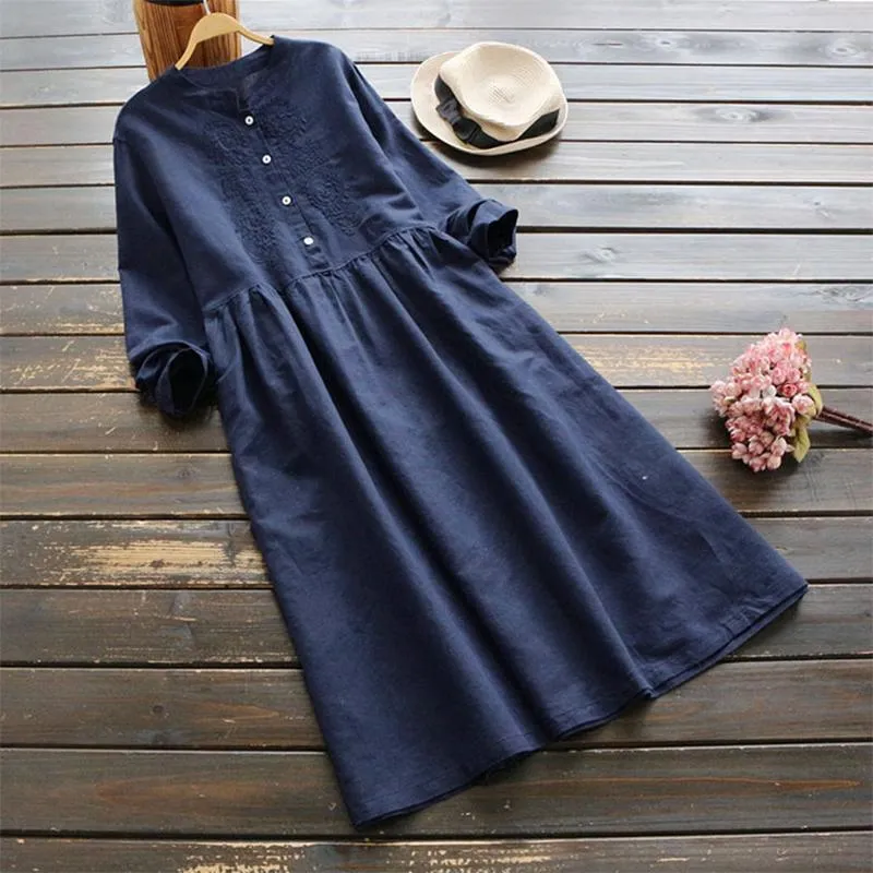 fashion ZANZEA Women Long Sleeve Long Shirt Dress Buttons Neck Cotton Ethnic Retro Maxi Dress Daraz.pk