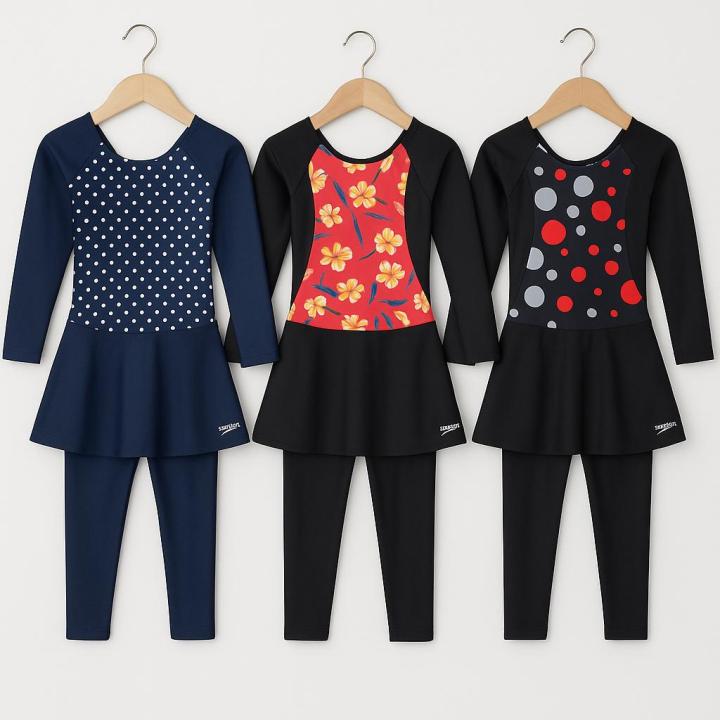 Girls Swimsuit – 1-Piece Full Coverage Swimwear With Frill | Long Sleeves | Age 5–12 | Black & Navy Blue