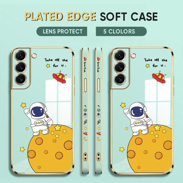 (Free Lanyard) Luxury 6D Plating Case for Samsung Galaxy S22 Plus 5G Back Cover Cute Cartoon Happy Astronaut Side Pattern Soft Silicone Square Phone Cases