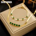 DIEYURO 316L Stainless Steel Green White Heart Zircon Charm Necklace Bracelets For Women Girl New Waterproof Jewelry Set Wedding. 