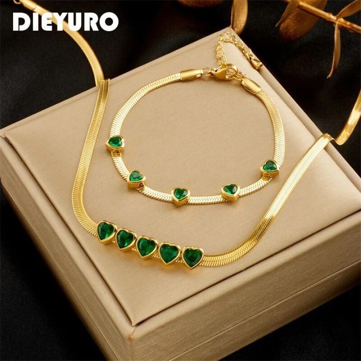 DIEYURO 316L Stainless Steel Green White Heart Zircon Charm Necklace Bracelets For Women Girl New Waterproof Jewelry Set Wedding