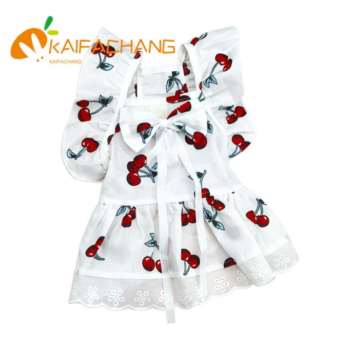 Ruffled Sleeves Pet Outfit Adorable Cherry Print Pet Dress with Headgear for Stylish Cats Dogs Perfect Summer Outfit for Furry Friend Pet Headgear
