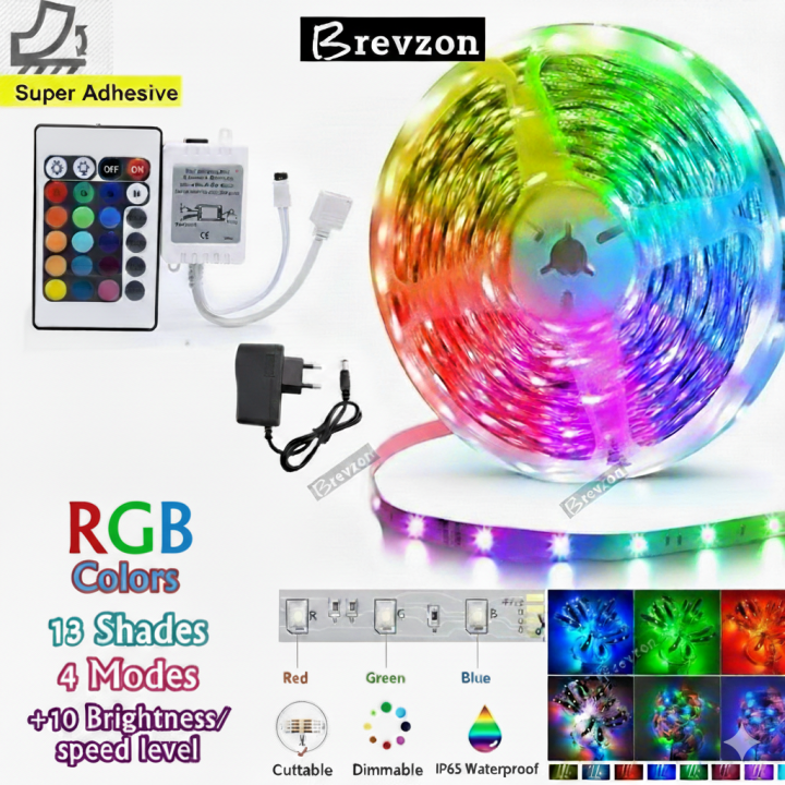 Brevzon RGB LED Strip Light - Colour Changing Waterproof Flexible Rope Lights with 44-Key IR Remote Control - Complete 2835 SMD Kit (300 LEDs, 12V Adapter) for Gaming Room, Bedroom, Home Decoration, TV Backlight, Party & Birthday Setup