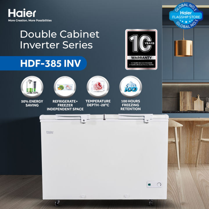 Haier 13.60 Cu Ft / Inverter / Double Door Series / HDF-385I ( Inverter + Balanced Cooling + Super Freeze Function + Twin Cabinet ) Deep Freezer