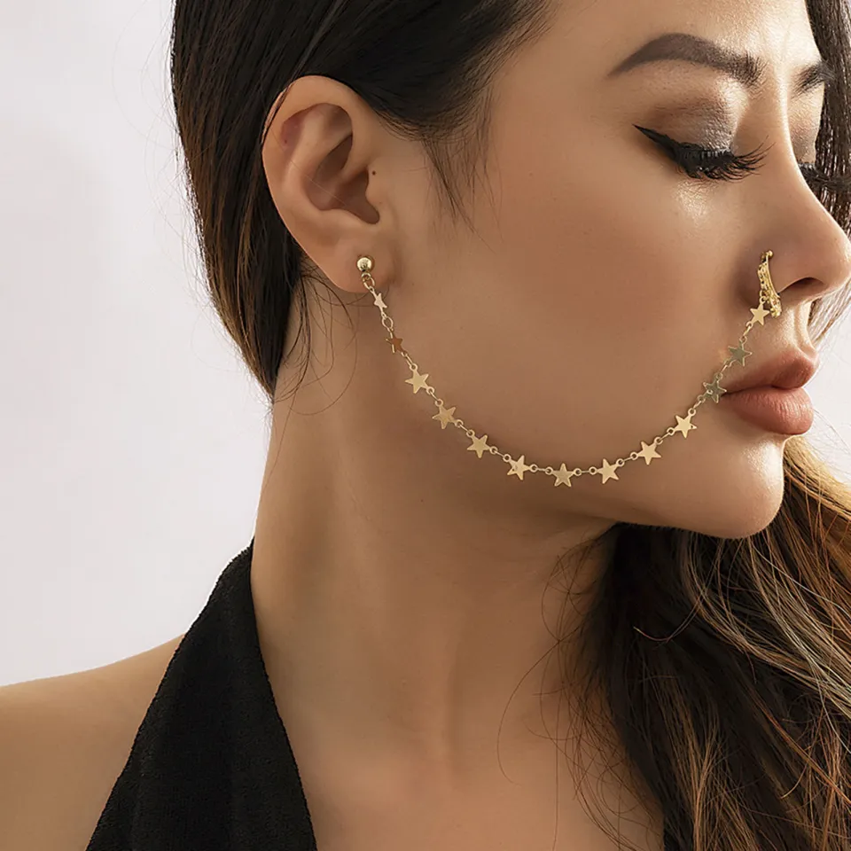 Stud style Nose Ring Boho Ethnic Style Nose Chain with Faux Pearl Tassel Trendy Nose Jewelry Alloy Nose Ring Daraz.pk