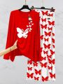 Red Flying Butterflies Printed Nightwear Set with Butterfly Printed Trousers – Women's Lounge Wear. 