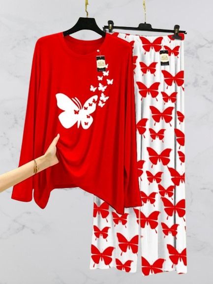 Red Flying Butterflies Printed Nightwear Set with Butterfly Printed Trousers – Women's Lounge Wear