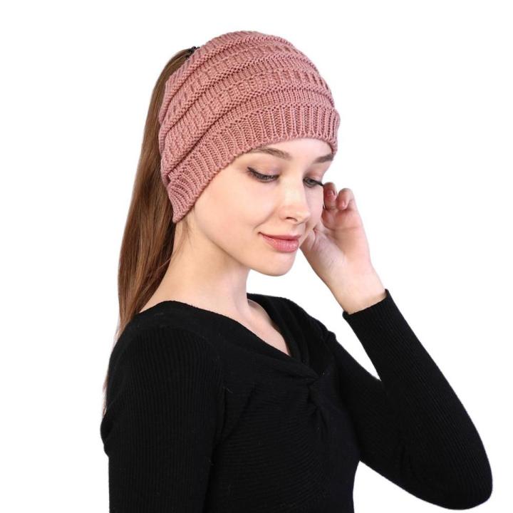 【HOT】 New Women Autumn Winter Ponytail Beanie Hat Solid Color Lady Stretch Knitted Crochet Beanies Hat Cap For Women