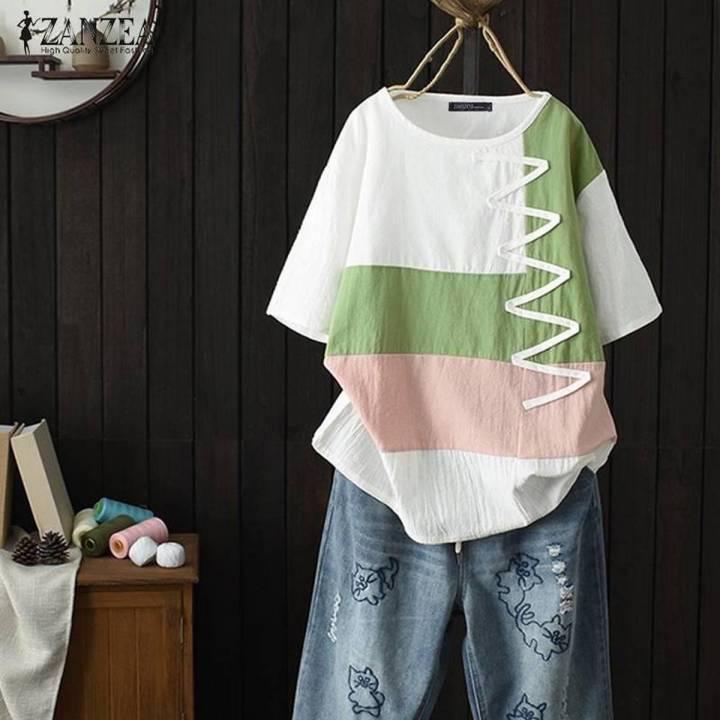 ZANZEA Women Short Sleeve Summer T-Shirt Tops O Neck Stripe Splice Blouse Shirt