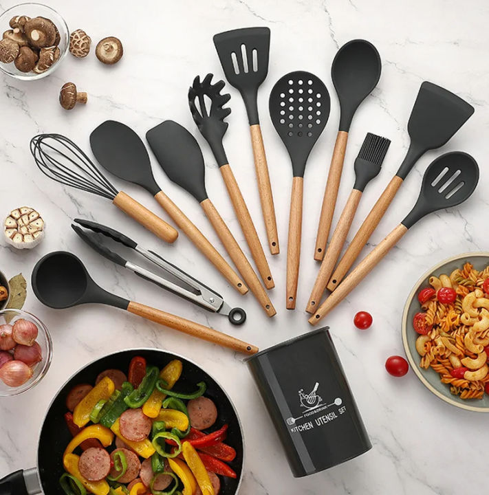 KGC-12 Pcs Silicone Cooking Utensils Set - With Wooden Handles and Bucket - BPA Free - Heat Resistant - Nonstick - Kitchen Cookware Utensils Tools Set - 6 Colors