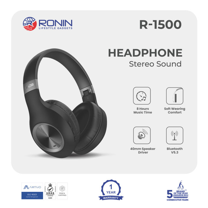 Ronin R-1500 Bluetooth Headphones, Stereo Headphone, Deep Bass, Foldable | Light Weight, Adjustable Design, AI Voice Assistant Ronin R-1500 Headphone with Pure Studio Sound