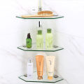 Wall-Mounted Perforated Storage Rack Corner Glass Shelf Stainless Steel Base Shower Floating Shelf for Kitchen Balcony. 