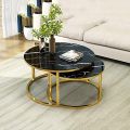 Round Modern Nesting Coffee Table Set of 2, Stacking Living Room Accent Cocktail Tables with an Industrial Wood Finish and Powder Coated Metal Frame, White/Black. 