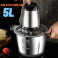 New Silver crest Stainless Steel Electric Meat And Vegetable Grinder Chopper 5L – Powerful 5 Speeds,100% Chopper motor/ Compact Size – German Design |1000W -OverHeat Protection thermal Switch |2 x6 Blades (SILVER ). 