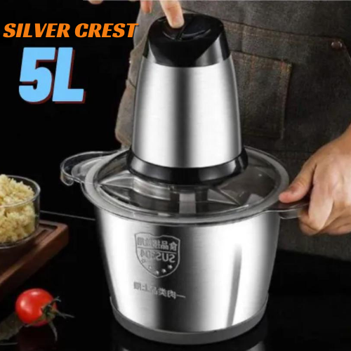 New Silver crest Stainless Steel Electric Meat And Vegetable Grinder Chopper 5L – Powerful 5 Speeds,100% Chopper motor/ Compact Size – German Design |1000W -OverHeat Protection thermal Switch |2 x6 Blades (SILVER )