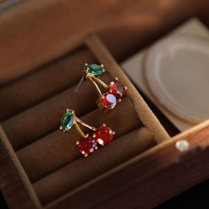 Cherry Stud Earrings Delicate Red Cute Leaf Stud Earrings Pierced Dangling Dangle Earrings for Party Prom Birthday Wedding