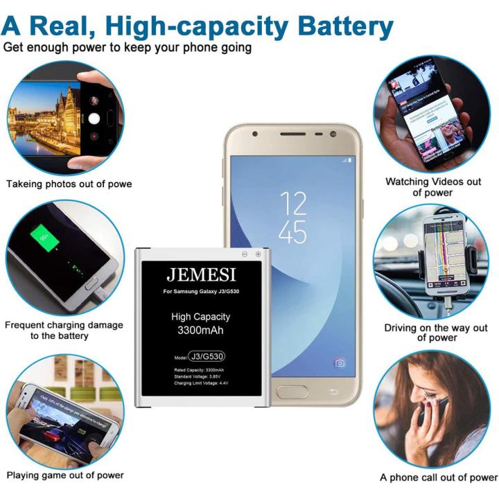 Galáxy J3 Battery, JÈMEŚI 3300mAh High Capacity Replacement Battery for Samśung Galáxy Grand Prime SM-G530, Galaxy J5, Galaxy J3 J320A J320V EB-BG530BBU EB-BG530BBE J5-G530P(Not Compatible for J3 2017&2018).