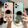 For Xiaomi Redmi Note 12 / Note 12 Pro / Note 12S Back Cover with Lanyard + Cartoon Astronaut Folding Stand Luxury 6D Plating Square Bumper Phone Case Shiny Soft Silicone Full Camera Protection Cases Pouch. 