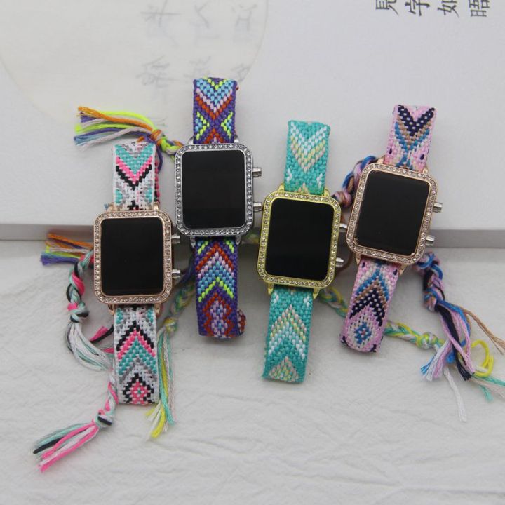 New Bohemian Style Woven Hand Strap Rectangle led Women's Watch Mori Girl Student's Watch Ethnic Style LED Watch