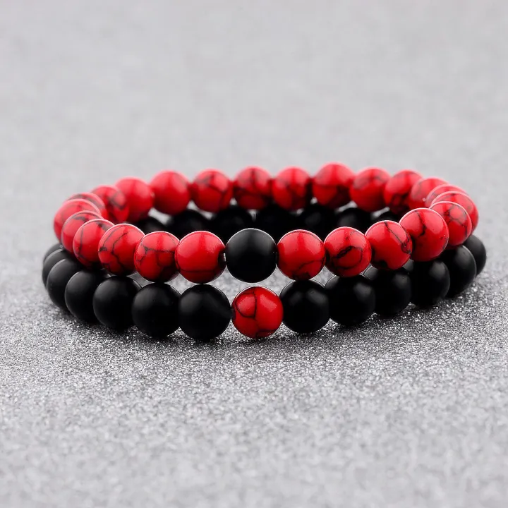 1%20Pair%202Pcs/Set%20Couples%20Classic%20Red%20And%20Black%20Bracelet%208MM%20Natural%20Stone%20Bracelets%20Gift%20-%20Image%206