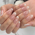 24Pcs/Set Medium Long Almond Nails Art White Edge Oval Glossy Artificial Acrylic Press on Nail Tips Stick on Nails. 