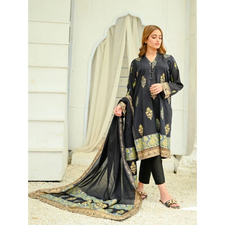 Khayaal Black Piece Stitched Suit Hand Blocked Printed Premium