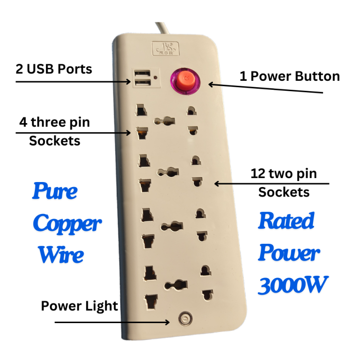 Long-Life Plus Size USB Extension Lead with 4 Multiple Sockets, 2 USB ...