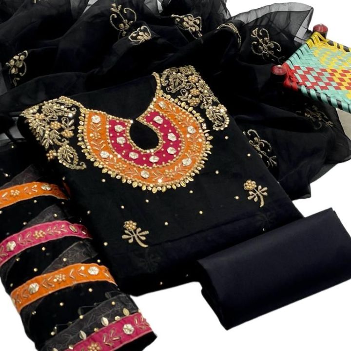 Hoor Collection wonderfull fancy 3 piece unstitched Dress for women & Girls New Design Handmade Collection Wedding Season Suite For New Arrival Collection Handmade Embroidery Work