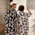 ins Super Fire Floral Shirt Vintage Hong Kong Style chic Short Sleeve Beach Vacation Hawaiian Flower Shirt for Couple. 