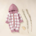 Newborn Hooded Knit Jumpsuit, Toddler Casual Plaid Pattern Long Sleeve Button Romper. 