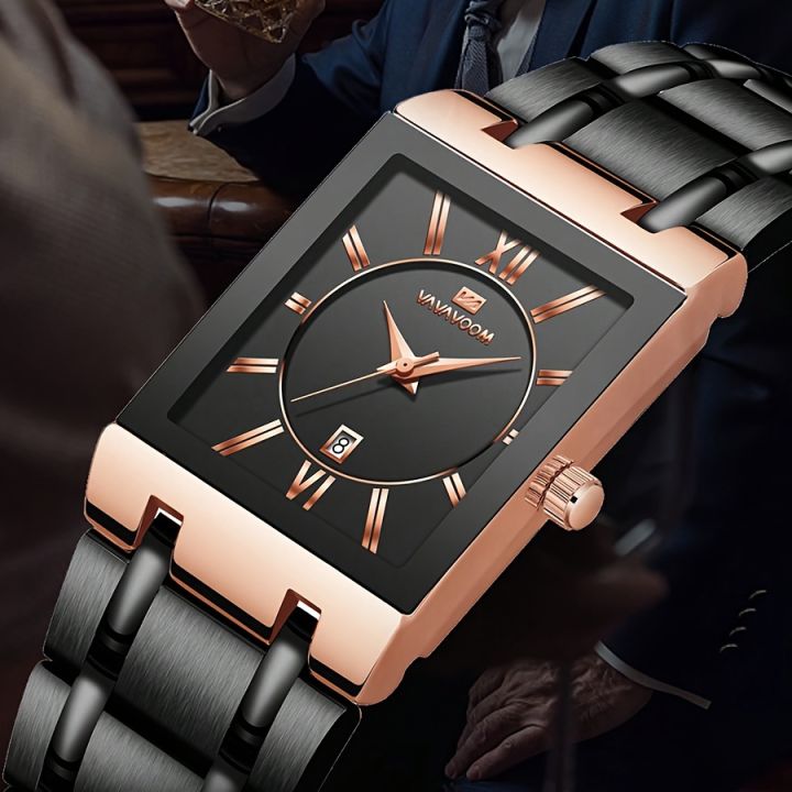 VA VA VOOM Men's Watch, Fashion Stainless Steel 3ATM Waterproof Calendar Square Quartz Wristwatch, Ideal choice for Gifts