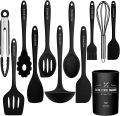 12 Pcs Silicone Cooking Utensils Kitchen Utensil Set - Heat Resistant Non-Toxic BPA Free Spatula Set with Turner Tongs,Spoon,Brush,Whisk-Wooden Handles Kitchen Gadgets Tools Set for Nonstick Cookware. 