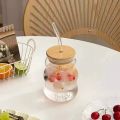 Ribbed & Round Glass Sipper with Glass Straw, Tumbler Can Lid Ribbed Square Glass Mug with Straw, Mason Jars With Cover, Mug for Fruit Juice Milk & Coffee Mug.. 