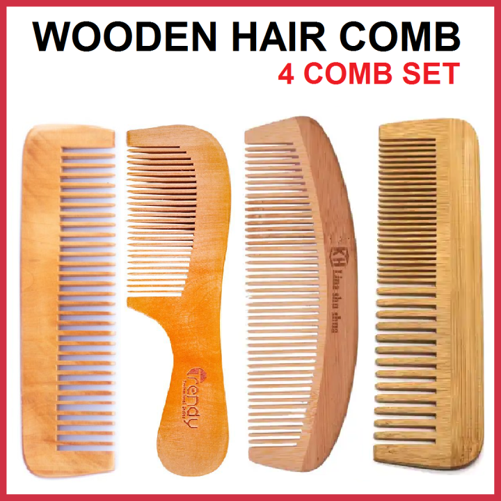 Bamboo Comb For Hair (4 PCS SET) - Bamboo Wood Comb  - Pure Wooden Comb - Wide Tooth Combs - Wooden Comb For Curly Hair - Wooden Comb For Hair Fall - Bamboo Natural Wooden Hair Brush - Comb Bamboo - Hairdressing Comb - Wood Hair Comb