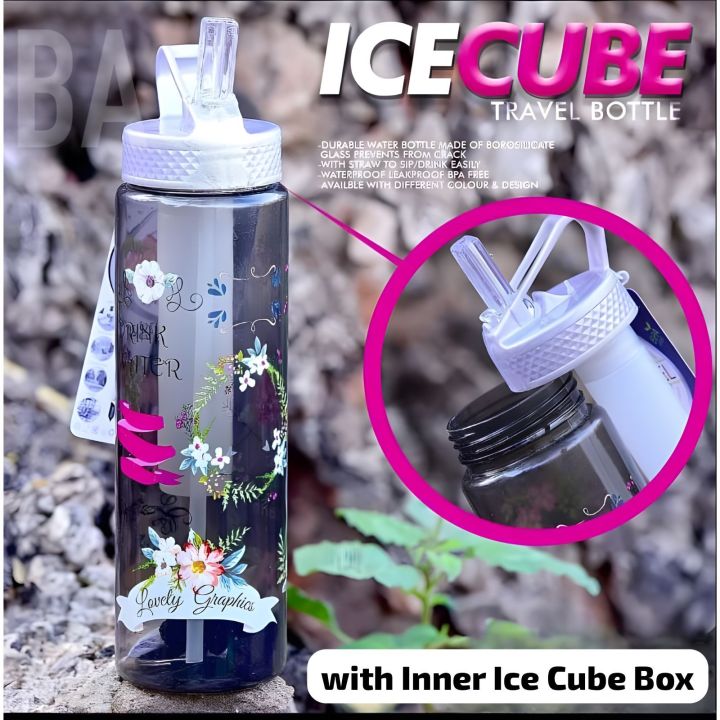Direct Sip Travel Plastic Water Bottle with Extra Ice Cube Inner Tube (Mix/Random Color/Design)