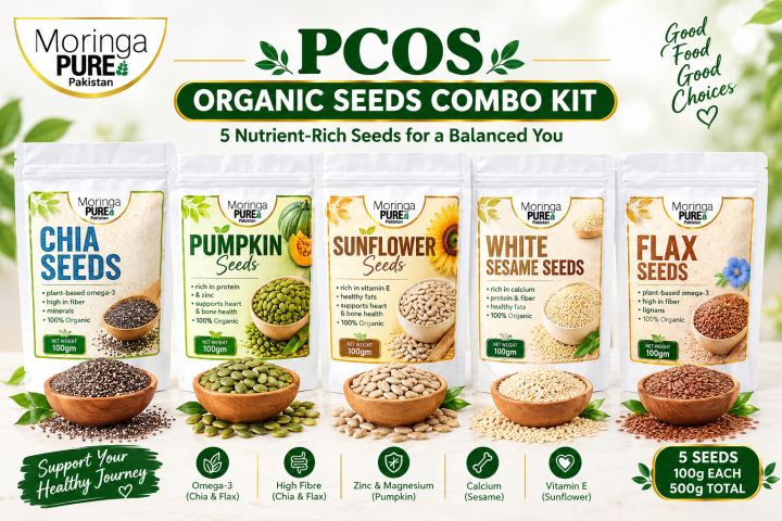 PCOS Organic Seeds Combo Kit–Chia Seeds, Pumpkin, Sunflower, White Sesame & Flax Seeds 100gx5 Pakistan