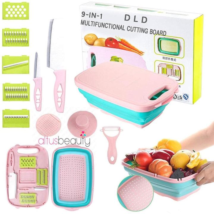 Multifunctional%209in1%20Chopping%20Board%20with%20Drainer%205pcs%20Vegetable%20Slicer%20Cutters,%202%20Knives%20and%201%20Collapsible%20Colander%20for%20Kitchen%20-%20Image%202