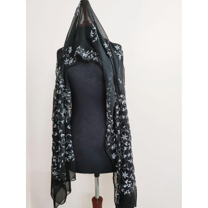 AN-BLACK CHIFFON MULTANI HAND EMBROIDERED DUPATTA