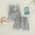 Infant Baby Boy 2 Pieces Outfits, Patchwork Hooded Sleeveless Tank Tops + Elastic Waist Solid Color Shorts Summer Set. 