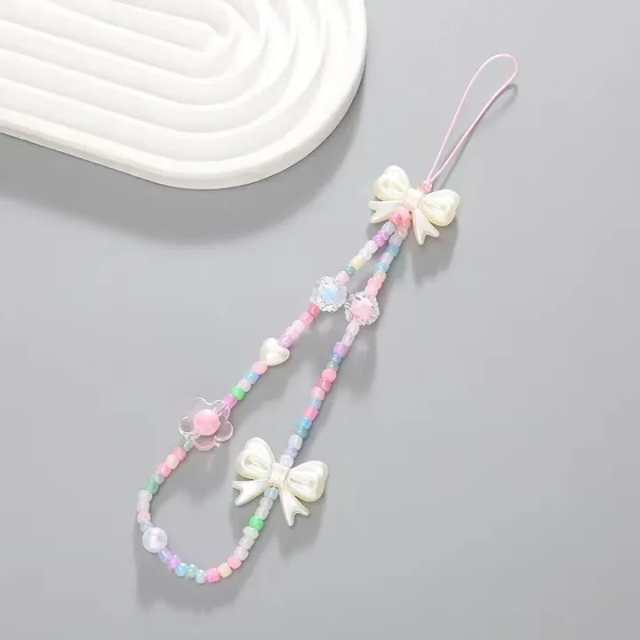 Colorful Flower Beaded Mobile Phone Charm Strap Chain Lanyard Women Girl Jewelry Phone Holder Beads Pendant Cherry - Mobile Charm - Pink