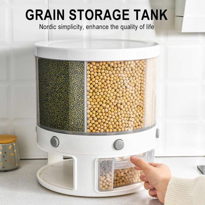 10KG Rotating Rice & Grains Dispenser - 6-Partition Storage Box
