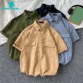 Green Home Cargo Shirt Flap Pockets Male Solid Color Casual Cargo Shirt. 