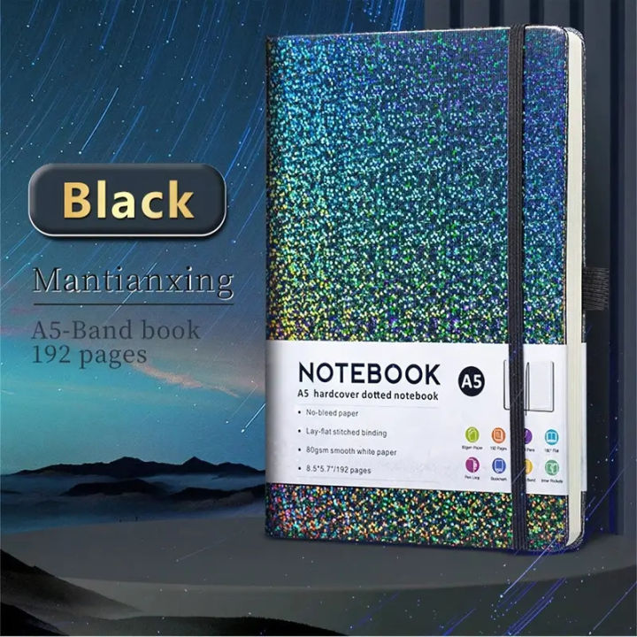 A5 Dotted Journal Notebook, 192 Pages, Star Pattern Hardcover with Elastic Strap – High-Gloss Finish, Fantasy Themed, Premium 80GSM Paper – Personalized, Elegant Sparkling for Meetings, Study & Work