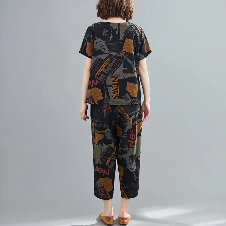 two%20piece%20set%20women%20Cotton%20Linen%20Summer%20Loose%20tshirt%20Lady%20Tops%20Shirt%20and%20Harem%20Pants%20Fashion%20Letter%20Print%20ropa%20mujer%20-%20Image%204