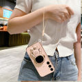 For Samsung Galaxy A05 A05s Back Cover with Lanyard + Cartoon Astronaut Folding Stand Luxury 6D Plating Square Frame Phone Case Shiny Soft Silicone Protective Cases Pouch Girls. 