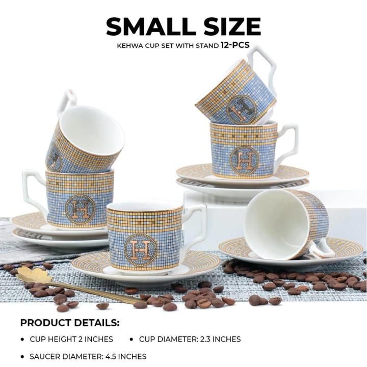12 Pcs Tea Cups Set of 6- Ceramic Kehwa Set with Saucer 50 ml- Groovy Queen kehwa Set- small size