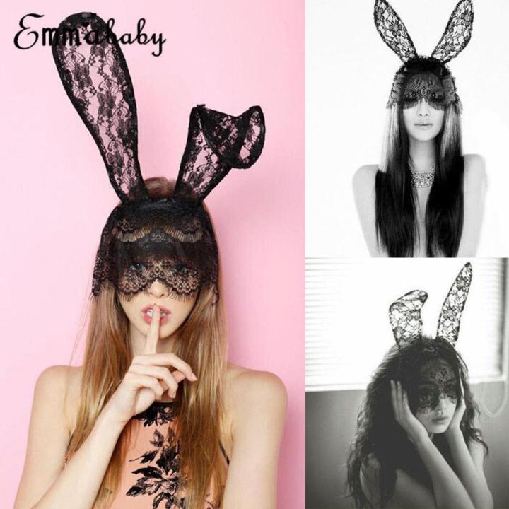 Black Lace Masquerade Mask Women Halloween Costume Party Rabbit Bunny Ears Lace Eye Mask Black